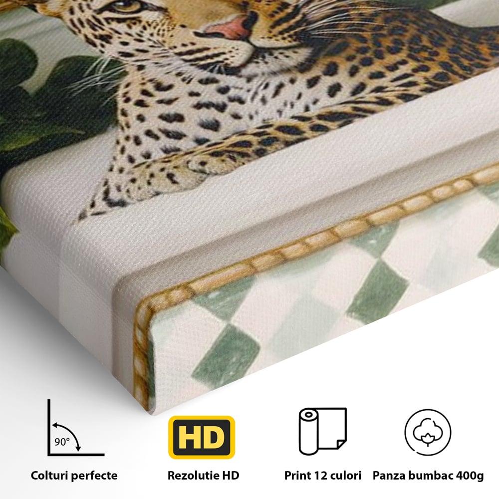 Detaliu al suprafetei: tablou canvas cu leopard in cada, fara rama, pe sasiu de lemn